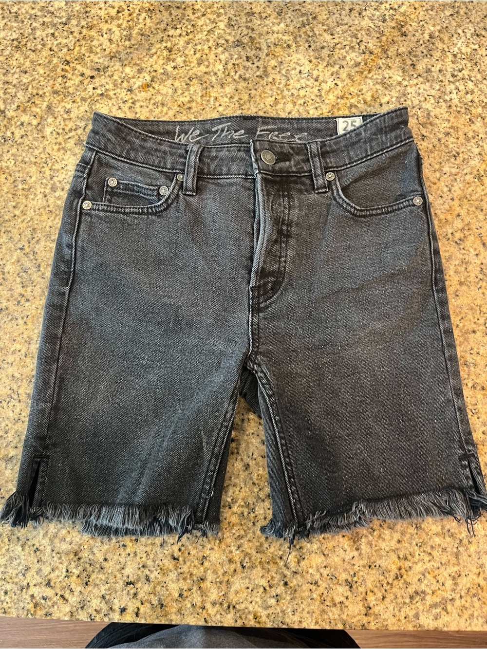 Free People Washed Black Frayed Hem Jean Bermuda Shorts